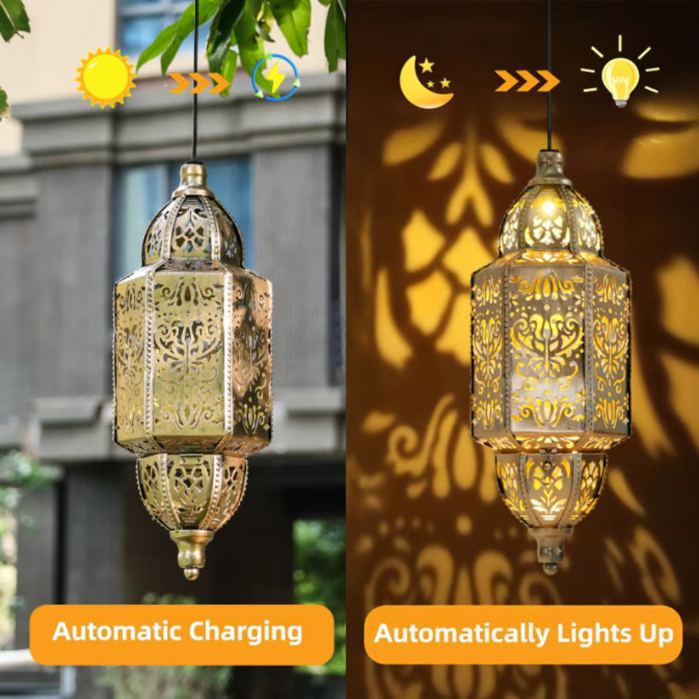 Lanterne solaire à énergie solaire, batterie au lithium, lanterne marocaine étanche, en fer forgé, éclairage solaire ajouré, décoration de jardin