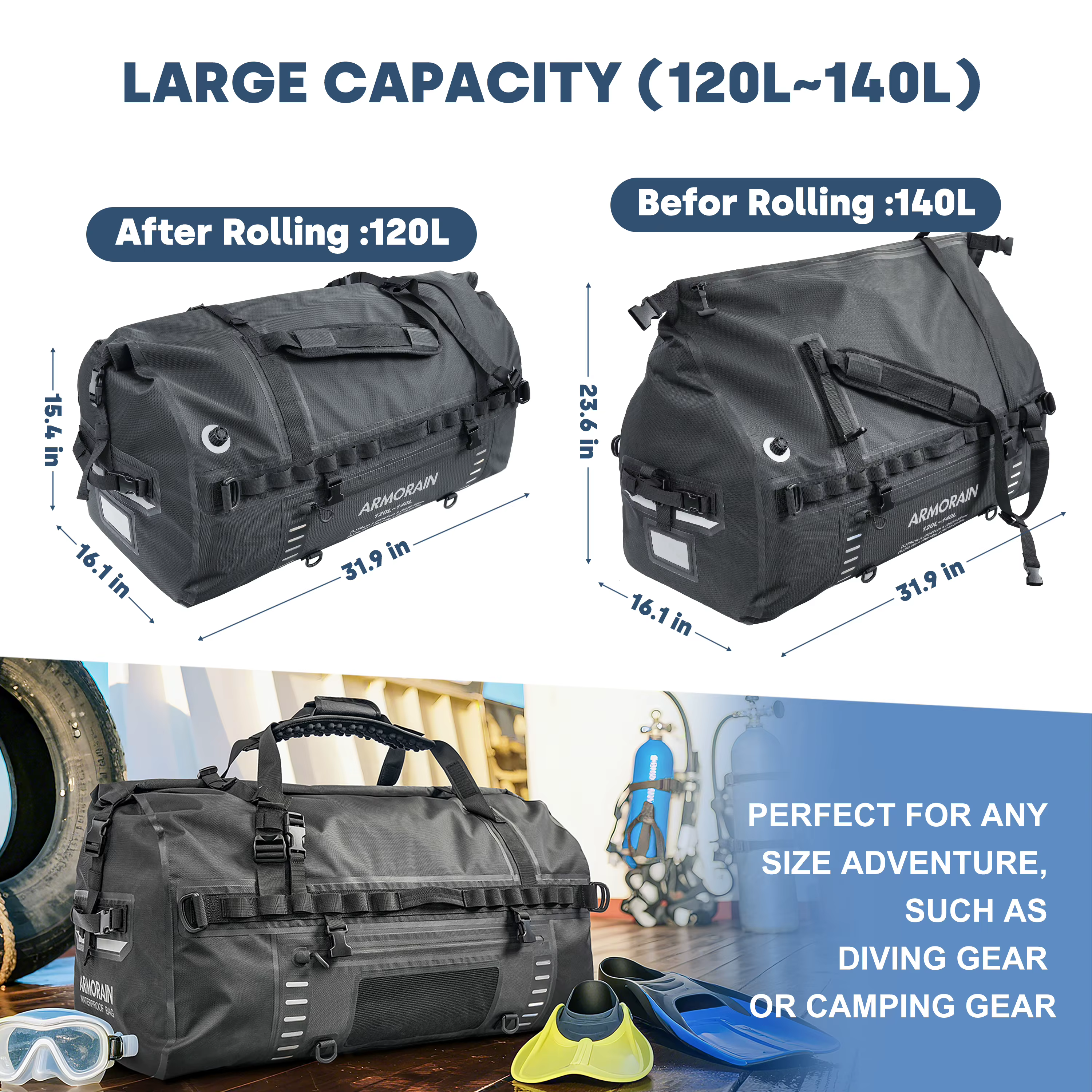 Sac de voyage étanche IPX8 100L 120L grande capacité avec sangle gonflable durable pour les longs trajets