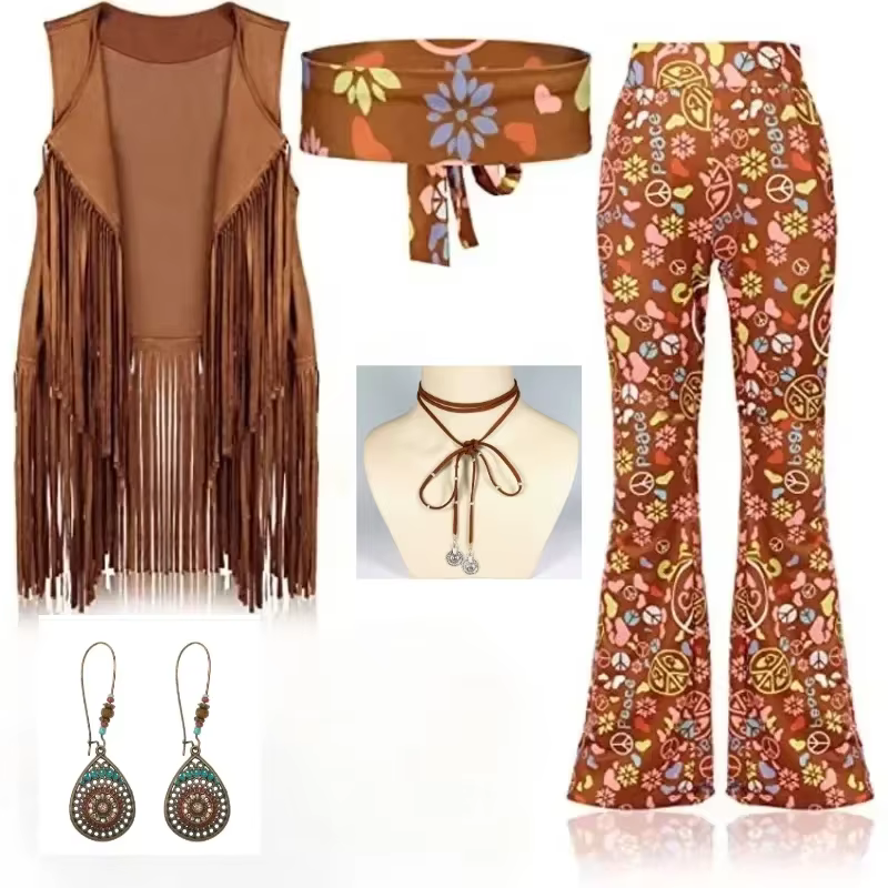 Hippie Disco 60s 70s Cosplay Costume femmes paix amour filles hanche indien glands Hippie gilet Cardigan fête d'halloween