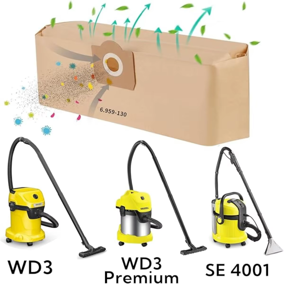 Sacs d'aspirateur pour Karcher 6.959 – 130.0, sacs filtrants en papier pour WD3 MV3 WD3P,A2201/2204/2504/2554/2251/2604, SE 4001 4002