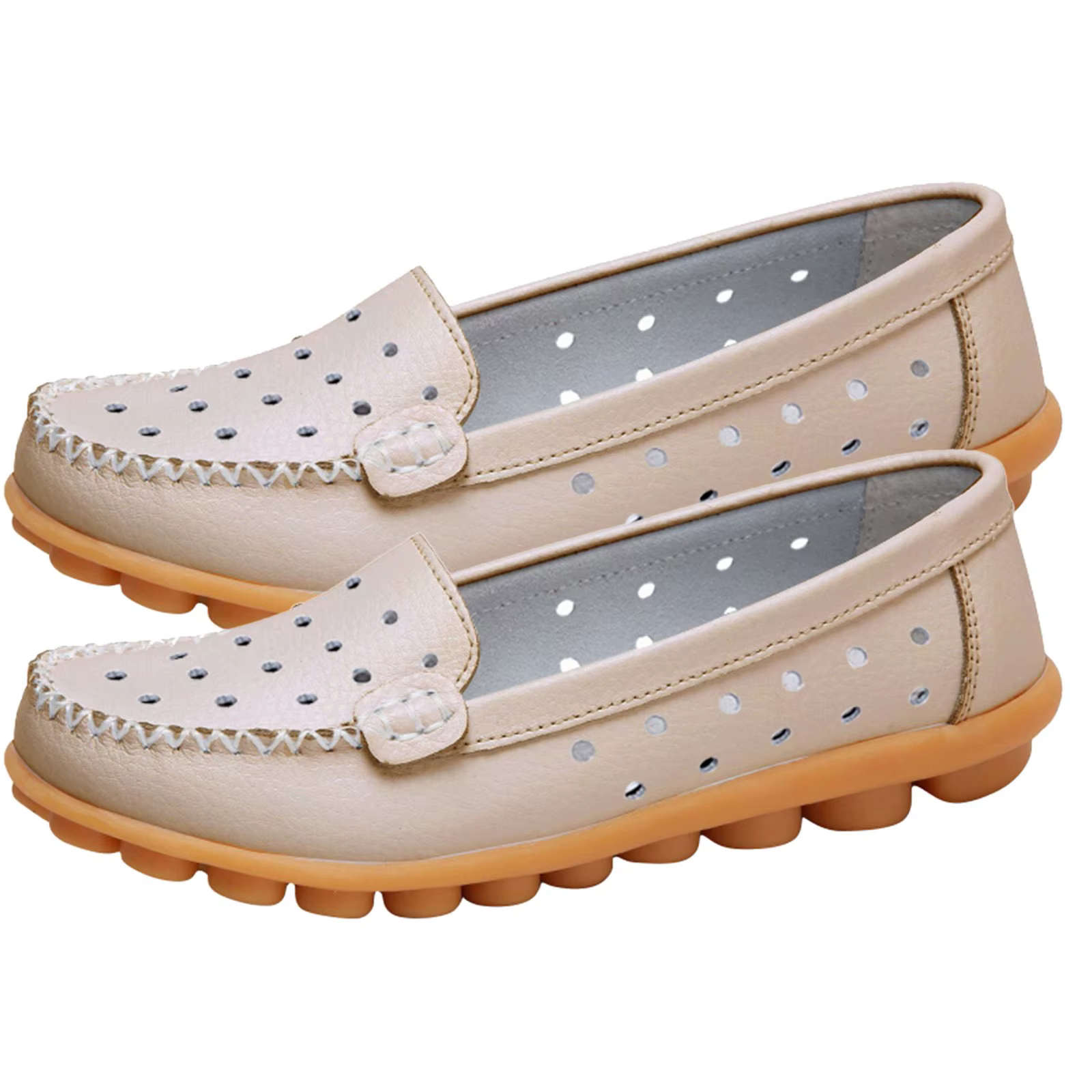 Mocassins Confortables Respirants en Cuir Ajourés, Chaussures Légères à Enfiler, Basses, Grande Taille 46, pour Femme