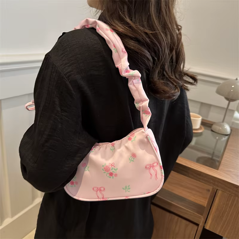 Sacs à main en toile imprimé doux pour femmes, fourre-tout coréen avec nœud Floral imprimé avec fermeture éclair, petit sac à bandoulière, nouvelle collection