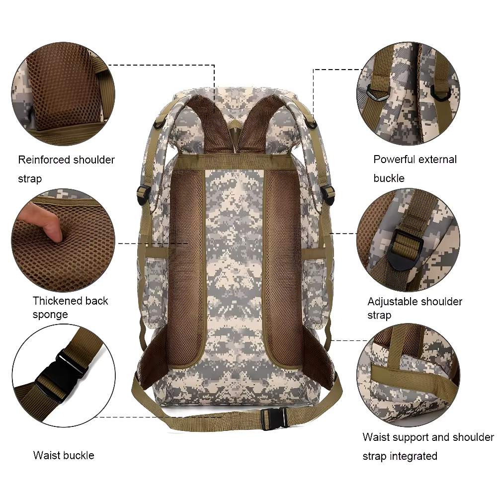 Sac de montagne 75L, sac à dos tactique imperméable camouflage léger