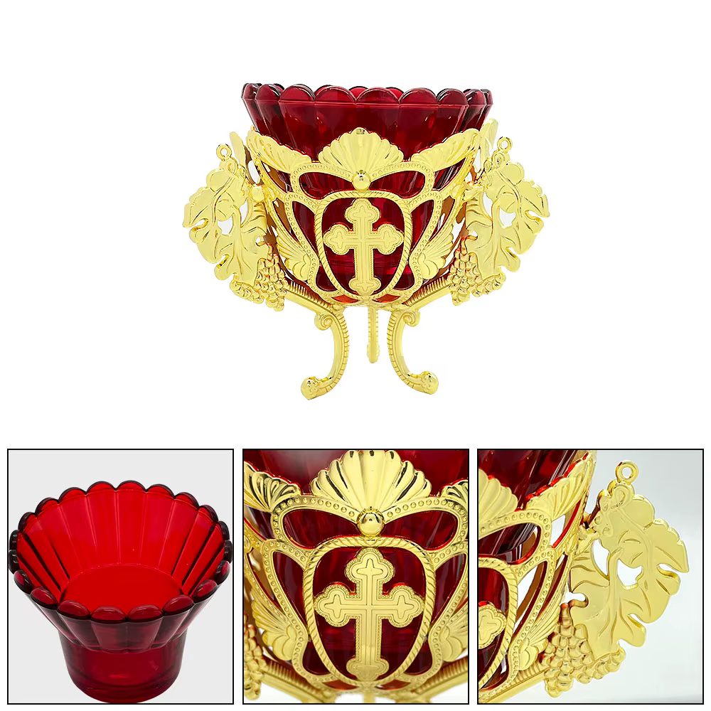 Lampe Vigil suspendue orthodoxe | Alliage plaqué or avec croix de bol en verre rouge et conception de vigne pour l'autel de la maison de l'église