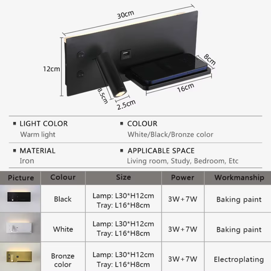 Lampe murale LED moderne multifonctionnelle avec charge sans fil