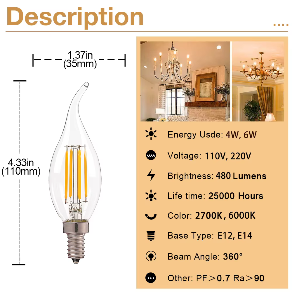 E12 E14 LED lustre ampoule 60W équivalent rétro candélabre ampoules 6000K 2700K blanc chaud 480LM lampes d'éclairage en verre clair
