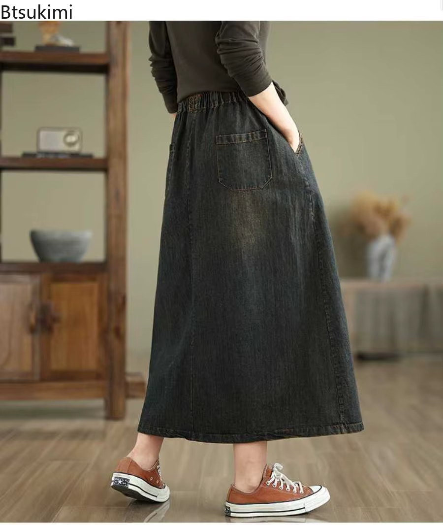 Jupes en jean pour femmes 2026, style rétro, broderie d'animaux de dessin animé, jupes mi-longues décontractées, printemps été, taille haute, mode, jupes midi amples