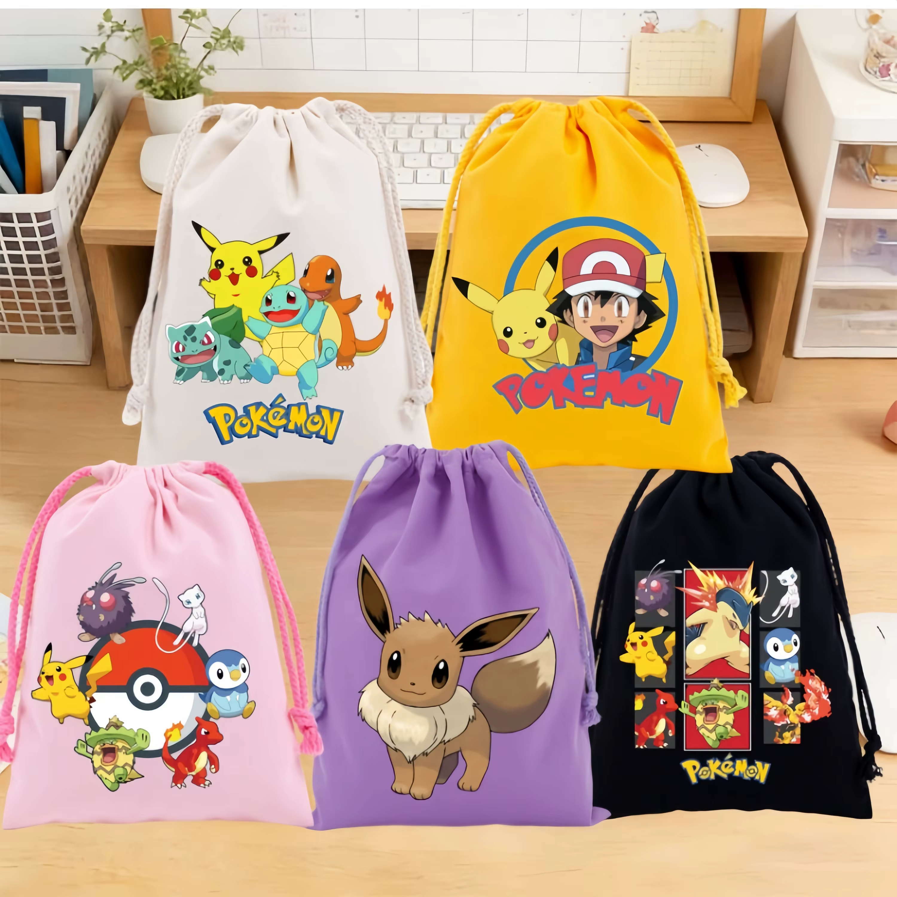 Sacs à cordon Anime Pokémon, sacs de rangement en toile imprimés avec des personnages de dessins animés Pikachu, Eevee, Charizard, Bulbasaur, sacs cadeaux pour enfants