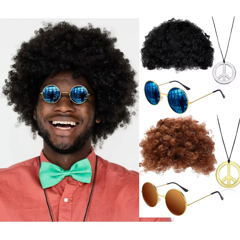Ensemble de olympiques amusants Hiphelicopter pour hommes, perruque Afro funky, collier de lunettes de soleil, fête à thème des années 50, 60, 70, style des années 80, accessoires de vêtements de fête