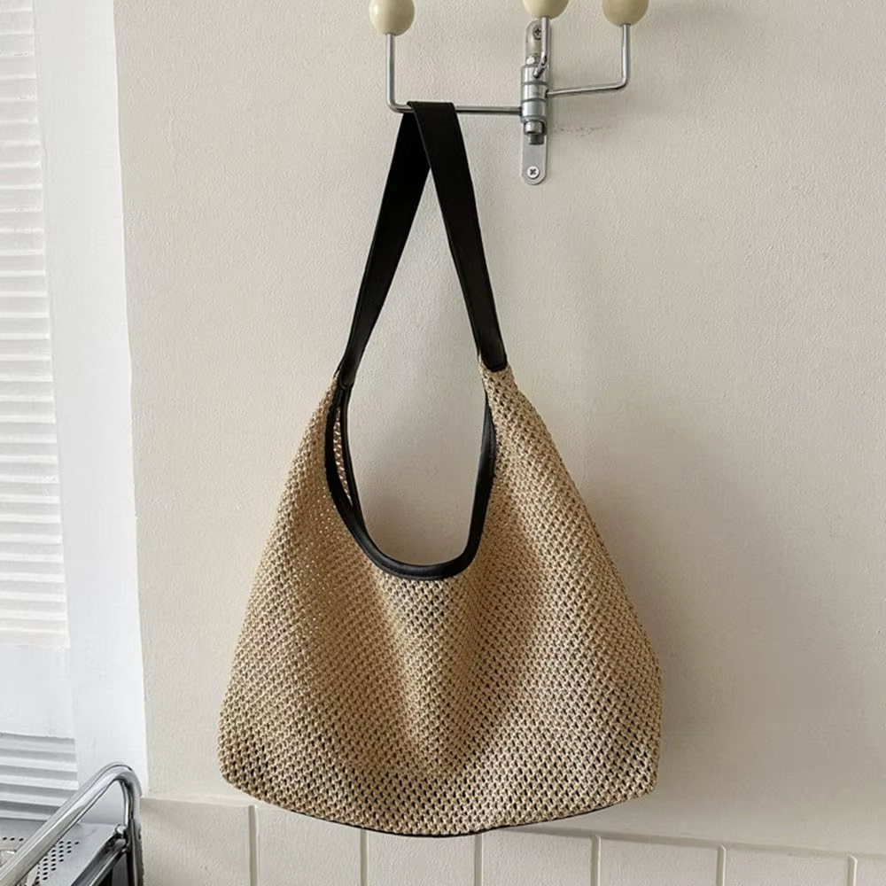Sac en paille tressé uni décontracté, style bohème fait main, sac de plage grande capacité, sac fourre-tout, sac à bandoulière pour femme