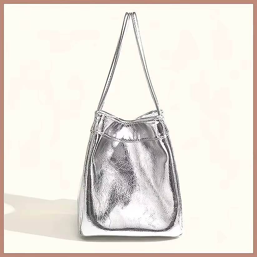Sac seau mini scintillant argenté, sac à bandoulière multifonctionnel en PU brillant avec cordon de serrage et portefeuille intégré pour femme – Idéal au quotidien
