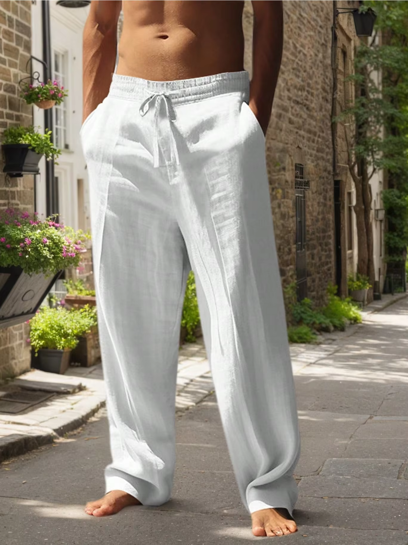 Pantalon en coton et lin pour homme, coupe droite, léger, respirant, confortable, style plage, couleur unie, décontracté, pantalon de survêtement confortable