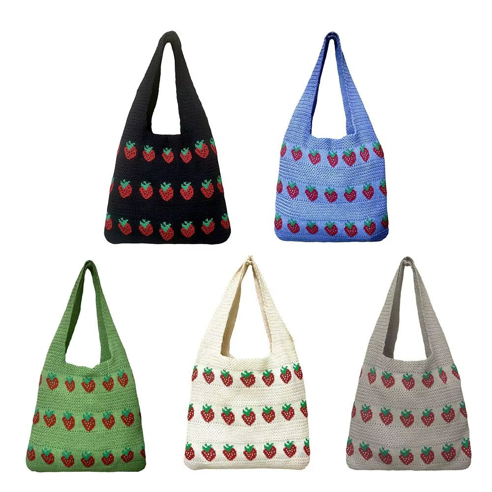 Sac à main tricoté pour femme, motif fraise, grande capacité, sac en crochet durable et léger, sac fraise