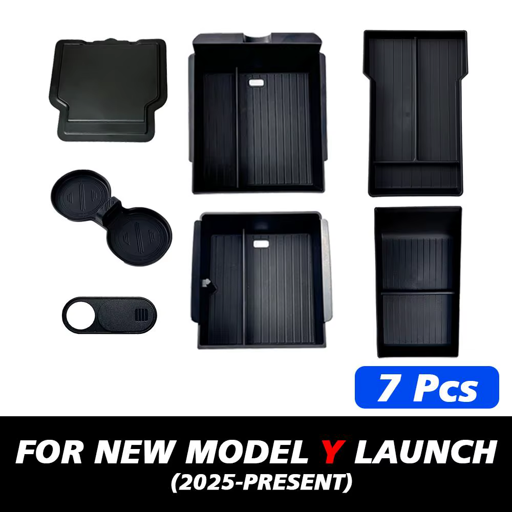 Pour Tesla Nouveau Modèle Y Launch Juniper : Tapis antidérapant en silicone ABS pour console et boîte de rangement d'accoudoir, avec porte-gobelets supérieur et inférieur