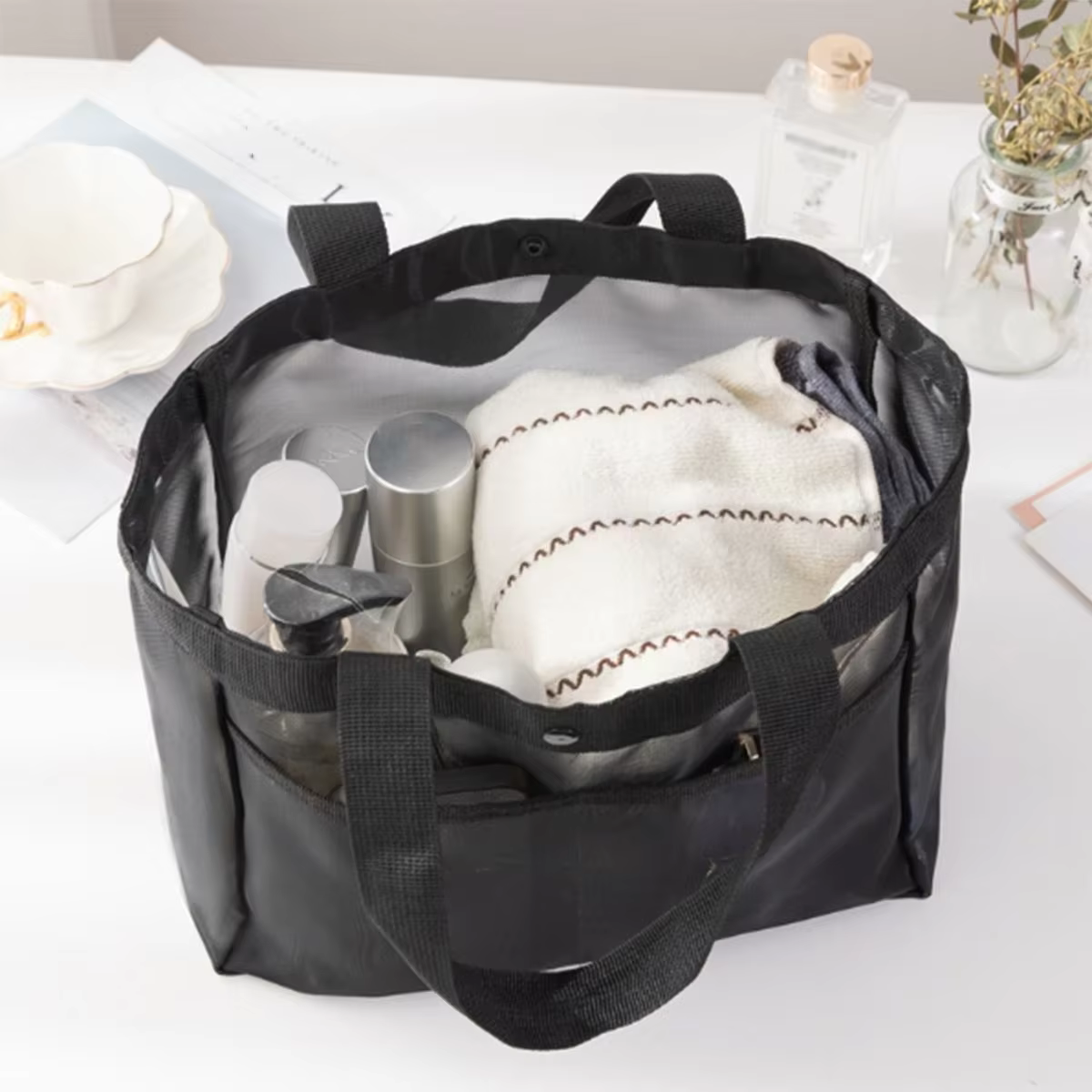 Sac à main en gaze de couleur unie, sac de rangement transparent, sac à bandoulière, sac de plage, sac de shopping en filet transparent de grande capacité, 1 pièce