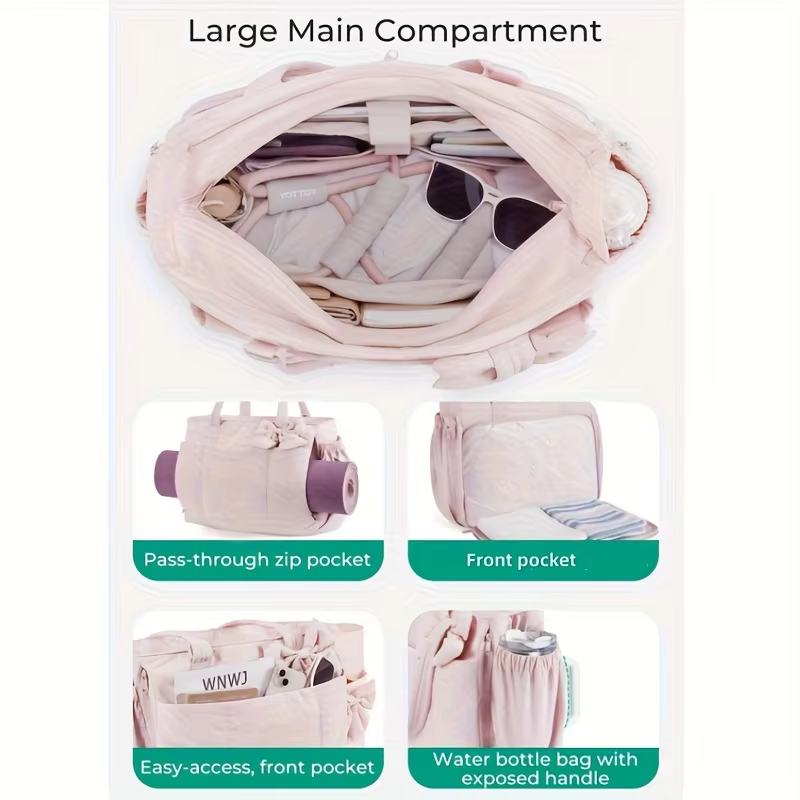 Sac fourre-tout rembourré, sac à bandoulière grande capacité pour femme avec nœud, sac messager polyvalent pour étudiant, trajets quotidiens, yoga, gym, voyage