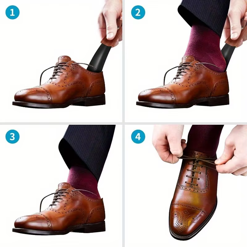 1 chausse-pied en acier inoxydable avec poignée en cuir, le chausse-pied de voyage est facile à transporter et à porter.