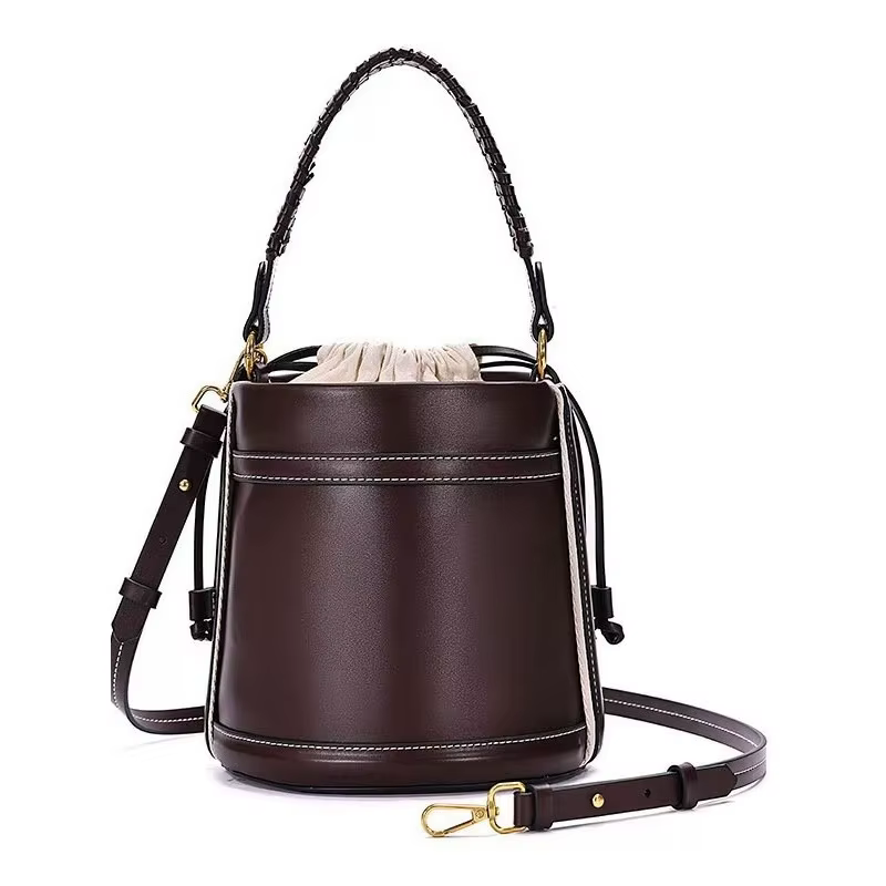 Sac seau tissé color-block avec garniture en cuir pour femme, sac à bandoulière quotidien d'été