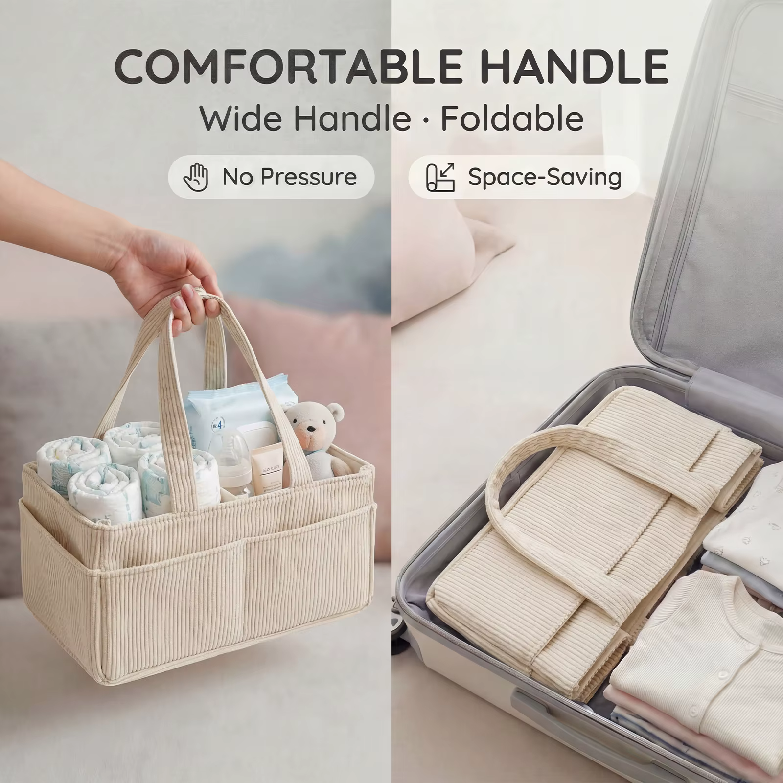 Organisateur de couches pour bébé en velours côtelé, panier de rangement pour couches avec poignée, pliable, multi-poches, sac portable pour maman et nouveau-né