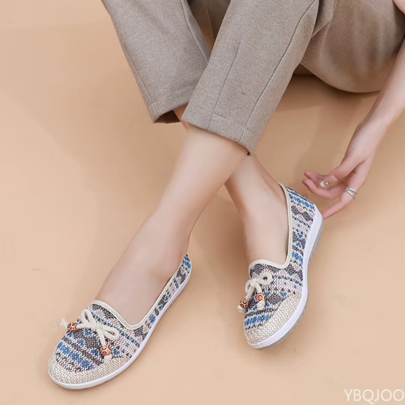 Chaussures en tissu pour femmes, nouvelle collection été 2025, chaussures décontractées respirantes pour mamans, style ethnique, ballerines à bout peu profond pour femmes, Zapatos