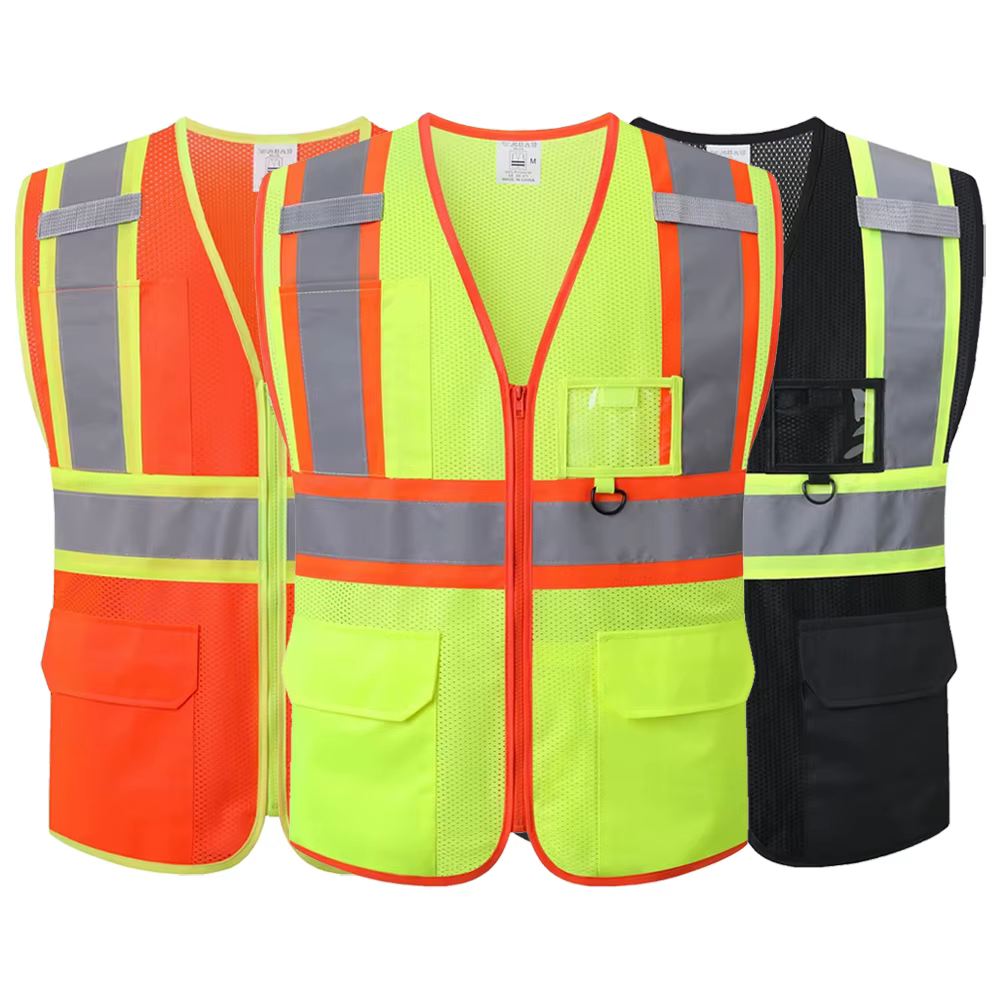 Gilet en maille fluorescente avec plusieurs poches et fermeture éclair sur le devant, vêtements de travail de Construction haute visibilité, uniformes pour hommes et femmes