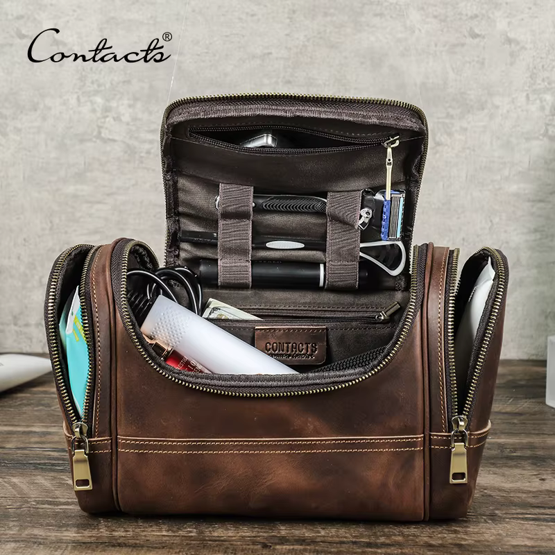 CONTACT'S-Sac à cosmétiques en cuir véritable pour hommes, trousses de toilette de voyage, sac de lavage de maquillage à poignée supérieure, sac de créateur, capacité d'évaluation