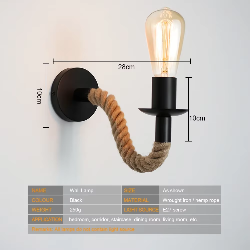 Rétro corde de chanvre conception E27 Edison ampoule fer applique intérieure maison Loft couloir mur LED lampe décoration industrielle applique murale