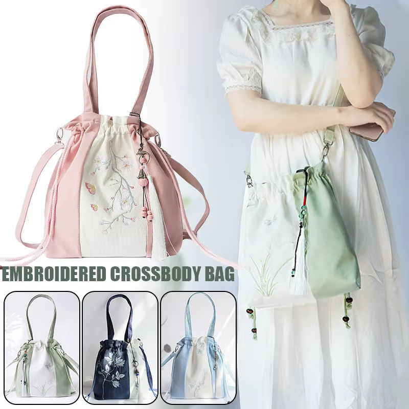 Sac à main Hanfu de Style chinois, sac à bandoulière littéraire Vintage avec broderie de fleurs, sacoche de Style ancien, sac à cordon
