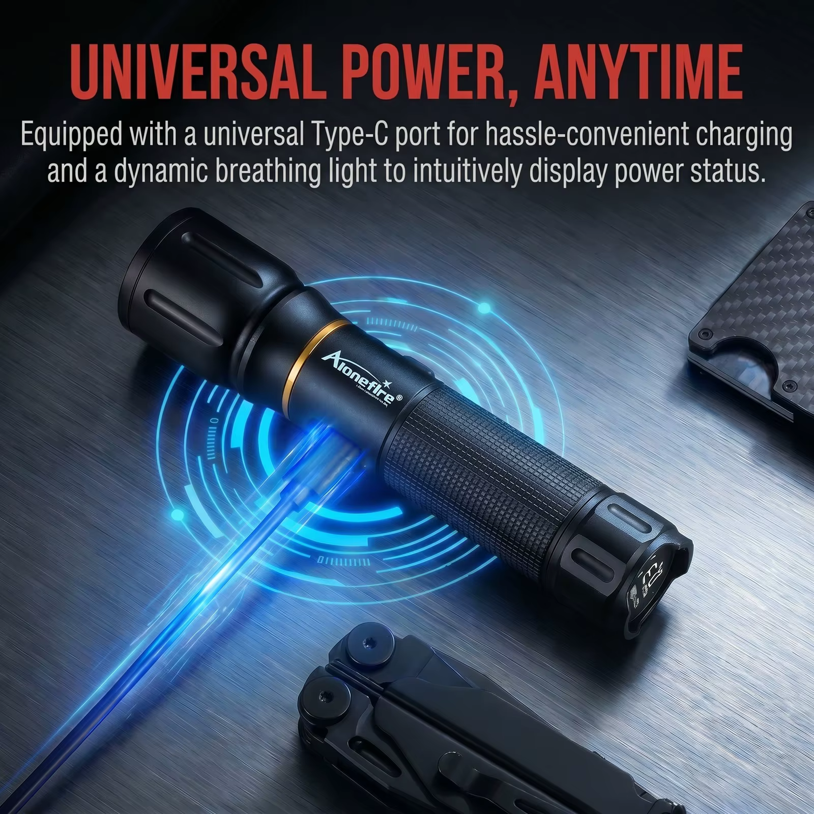 Lampe torche LED Alonefire Zoom haute puissance à lumière bleue, rechargeable par USB, en aluminium, pour le camping, la randonnée, la chasse, la pêche