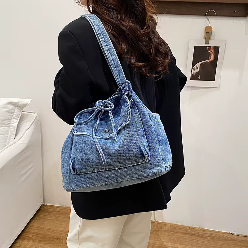 Denim couleur unie fermeture éclair nœud fourre-tout décontracté 2025 haute qualité nouveaux sacs simples grande