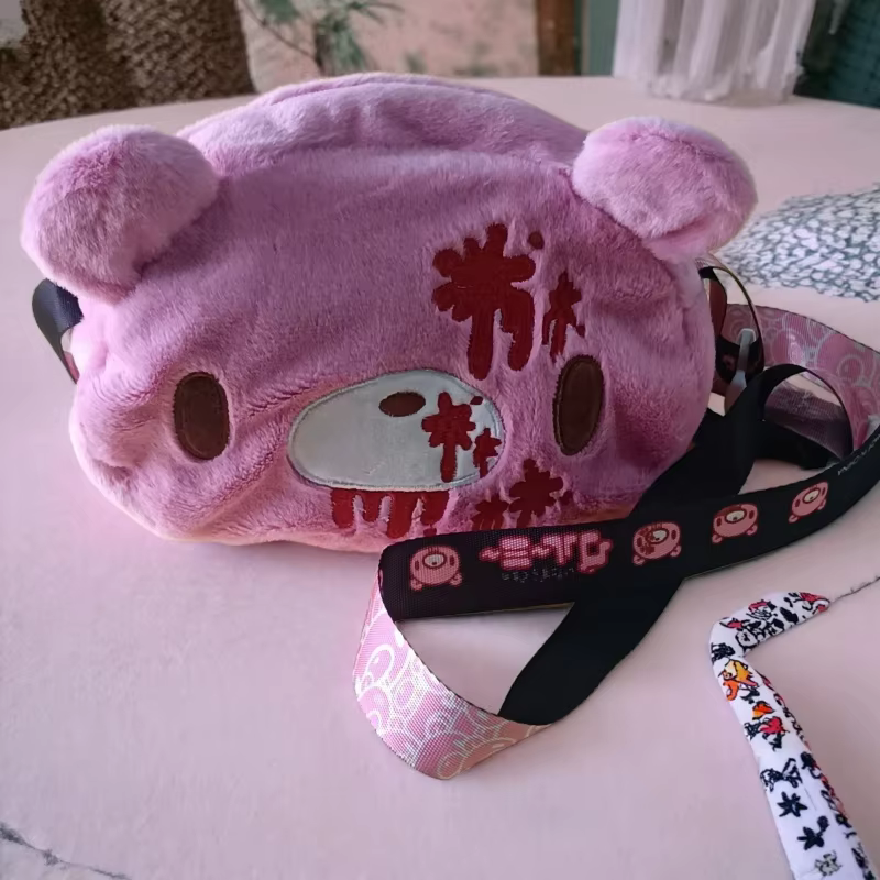 Sac bandoulière en peluche ours rose mignon, style avant-gardiste rose avec détails effet sang, un sac à main pour femme amusant et unique