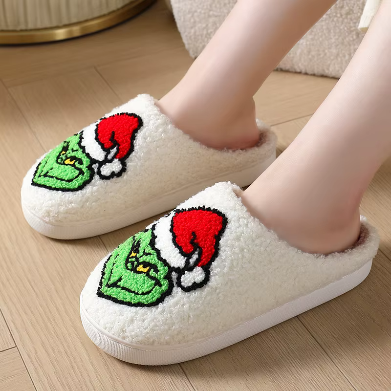 Pantoufles d'hiver d'animation de dessin animé de noël pour femmes, chaussures chaudes en coton pour chambre à coucher intérieure en peluche, chaussures confortables pour la maison, 2025