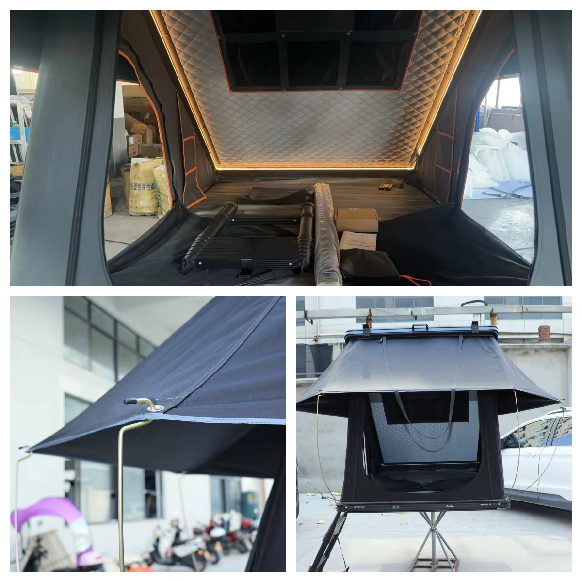 Tente de camping triangulaire en aluminium pour 4 personnes, tente de toit à coque rigide noire, tente de toit de voiture
