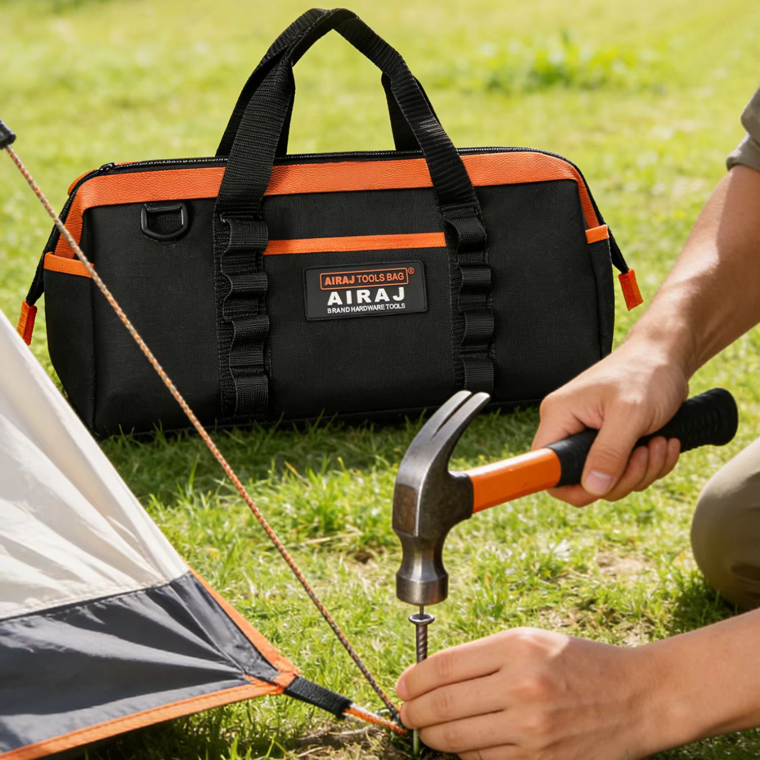 AIRAJ – sac de rangement d'ongles au sol en toile, sac de transport de marteau Portable, sac à outils étanche de grande capacité, organisateur de fournitures de Camping