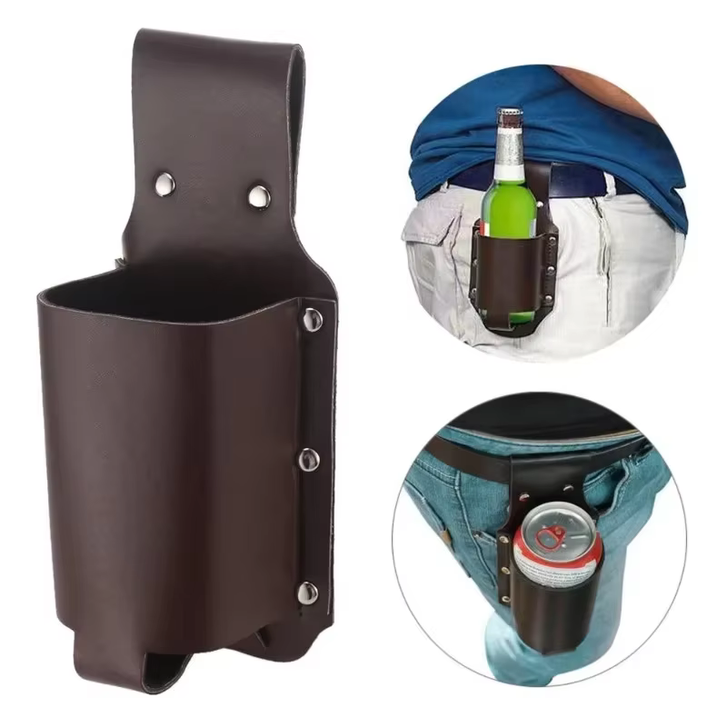 Porte-bouteille de bière portable en cuir pour la taille, support mains libres pour canettes, idéal pour l'escalade, la randonnée, le camping, compatible avec les canettes de 350 ml et 600 ml