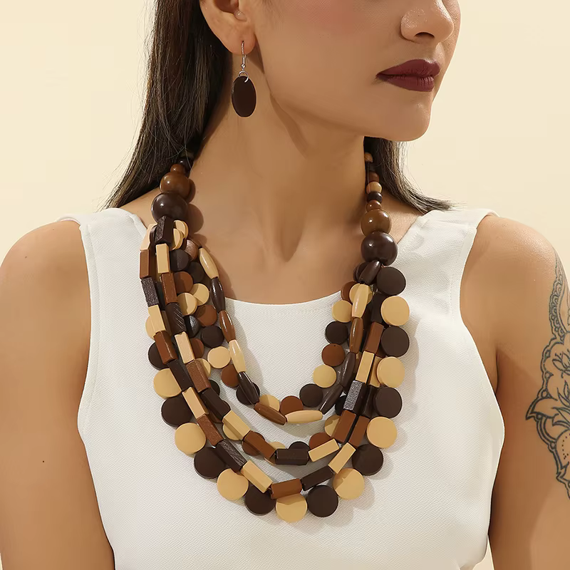 Ensemble de bijoux de style bohème africain, perles en bois géométriques, collier multi-rangs fait à la main pour femmes, accessoire de fête