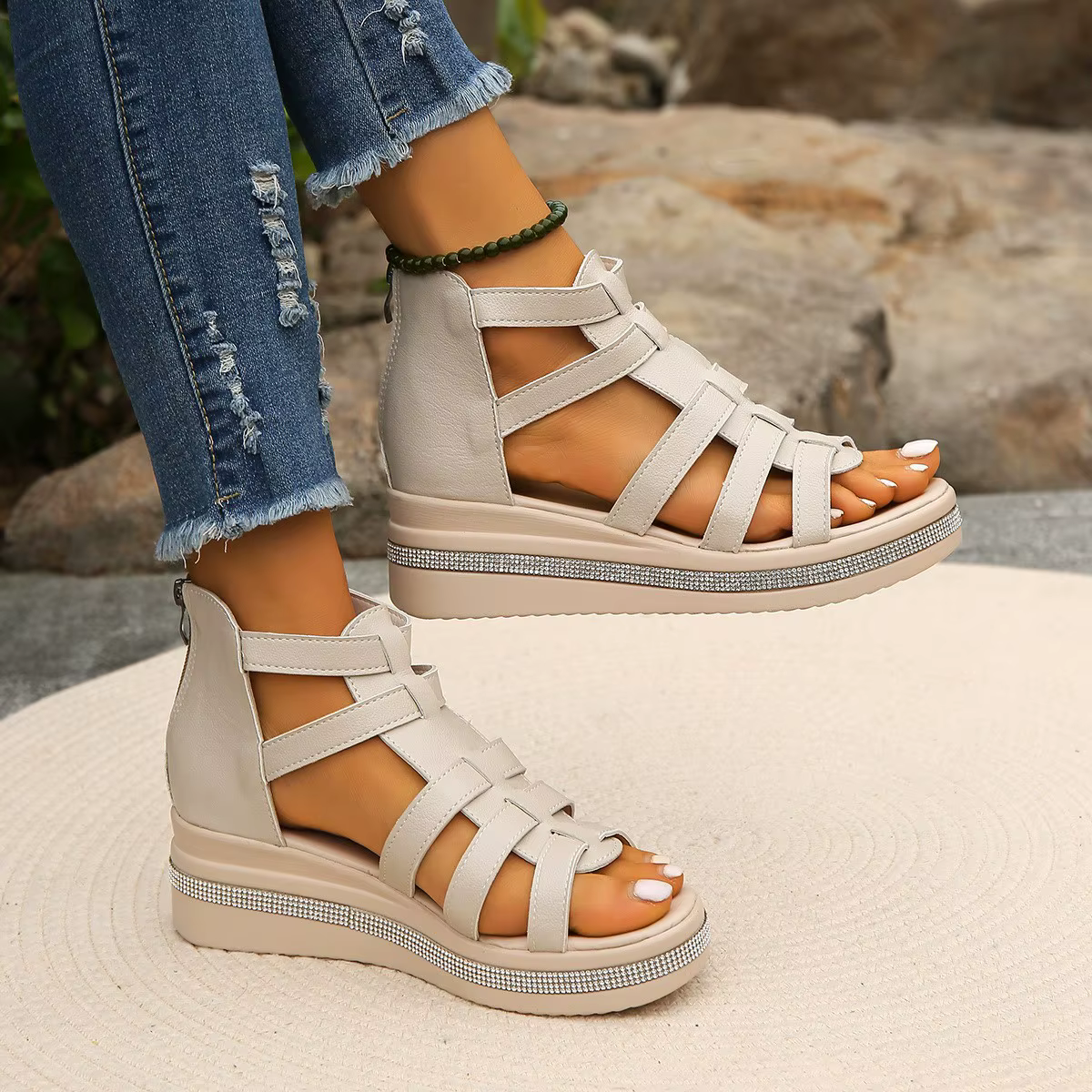 Sandales à l'offre elles compensées pour femmes, chaussures d'été, grande taille 36-43, noires, blanches, beiges, 2024