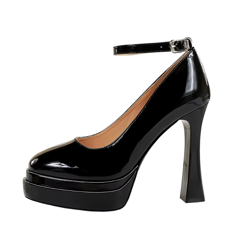Chaussures simples à bout rond pour femmes, avec talons hauts, Double couche, plateforme imperméable, cuir verni, bande lumineuse, une longueur