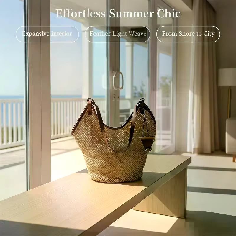 Sac en paille tressé ajouré, sac à bandoulière pour parent, sac fourre-tout avec clip pour lunettes de soleil, sac à main de plage bohème, sac seau