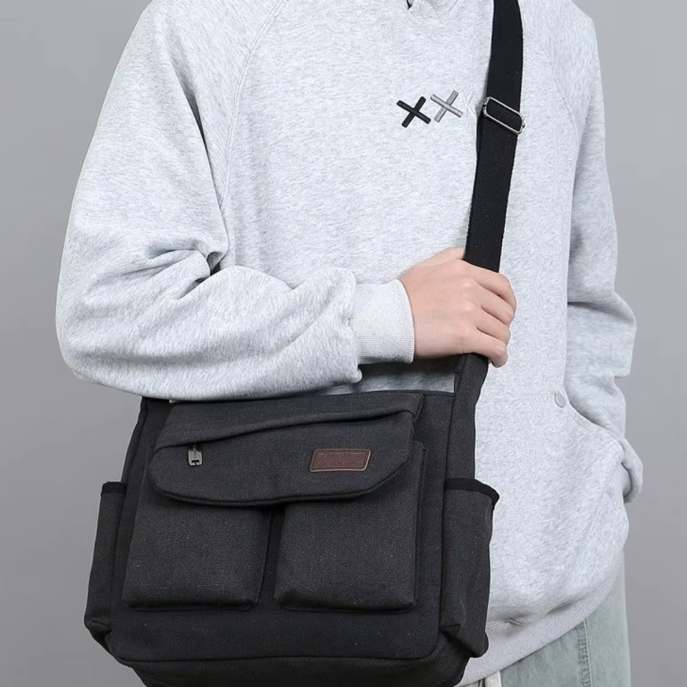Sac à bandoulière en toile pour hommes, grande capacité, couleur unie, style coréen, sac messager polyvalent avec fermeture éclair, sac à bandoulière pour hommes
