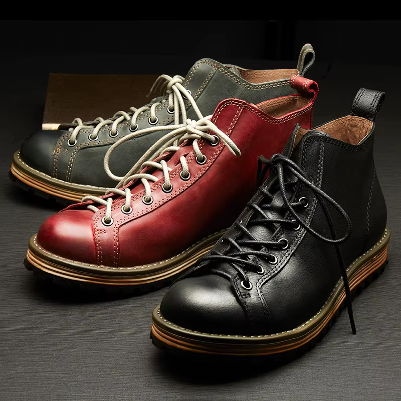 KOWM chaussures de randonnée bottes de marche pour hommes britanniques à semelles épaisses en peau de vache