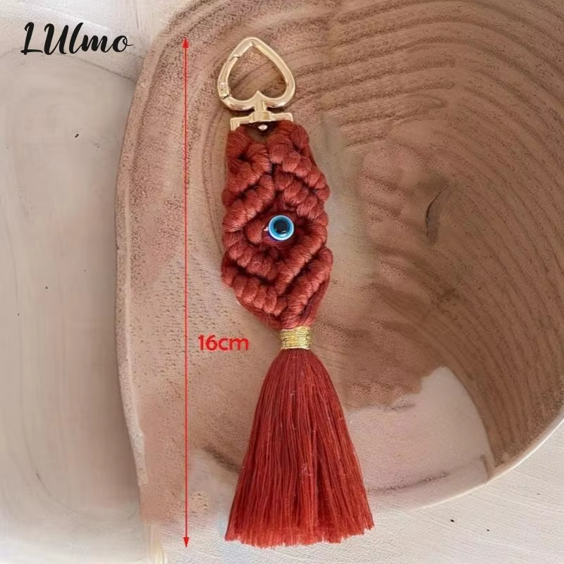 Porte-clés Macramé œil, tressé à la main, style bohème, avec pompon, breloque de sac, style ethnique vintage, pour clés de voiture, sac à main et accessoires