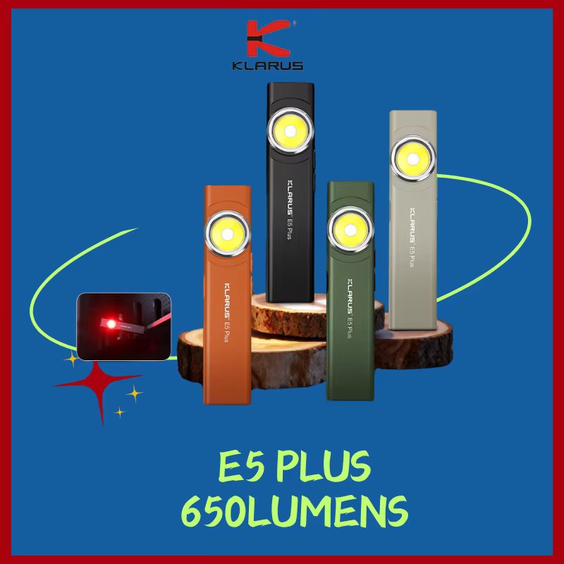 Lampe torche EDC magnétique ultra-mince à triple lumière rechargeable TYPE-C E5-PLUS Klarus avec batterie intégrée de 500 mAh