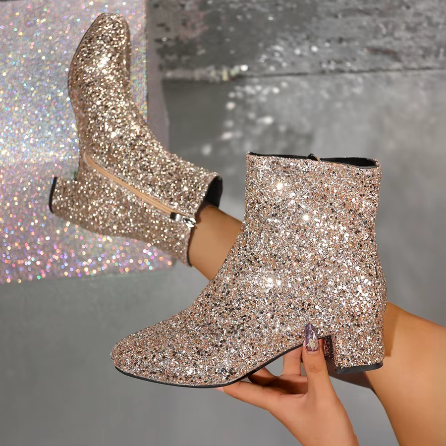 Bottines de noël à paillettes pour femmes, fermeture éclair, talon épais, bout rond, talons épais, chaussures de fête pour femmes