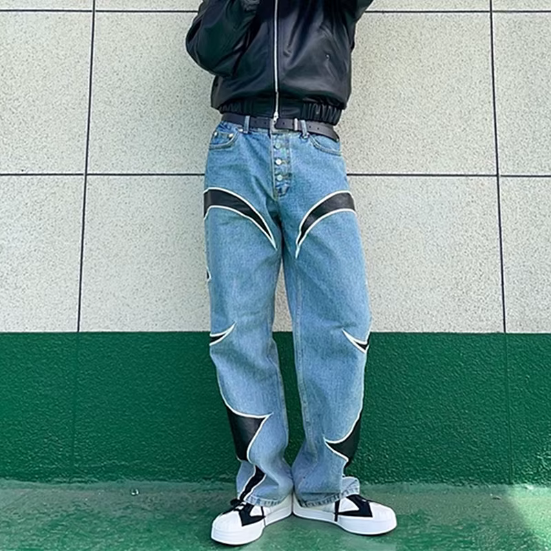 Jean baggy empilé en cuir PU brodé Y2K Kanye 2026 pour homme, vêtements streetwear, pantalon en denim pour femme, pantalon homme
