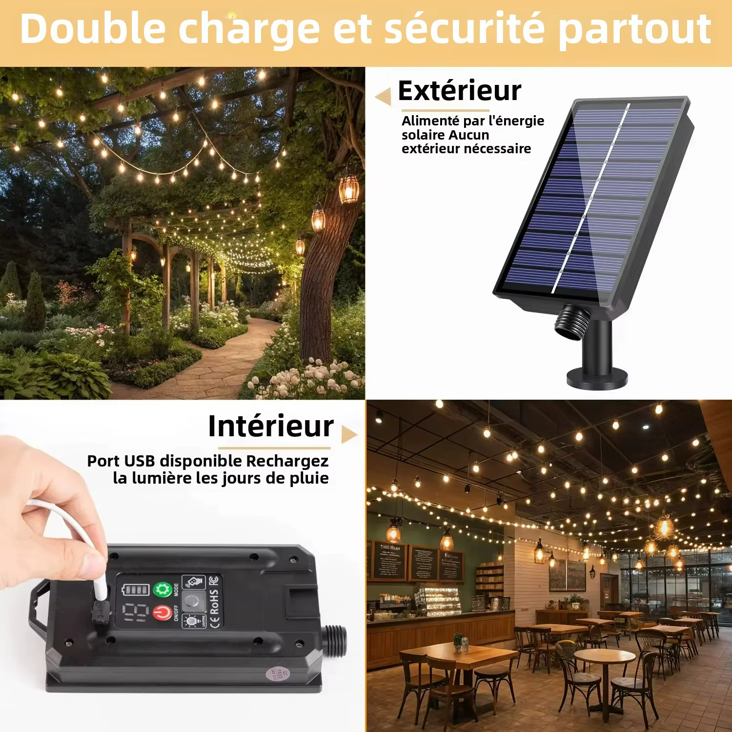 Guirlande solaire incassable pour l'extérieur, prise G40 E12, 1200mAh, étanche, éclairage d'extérieur, éclairage solaire pour la décoration