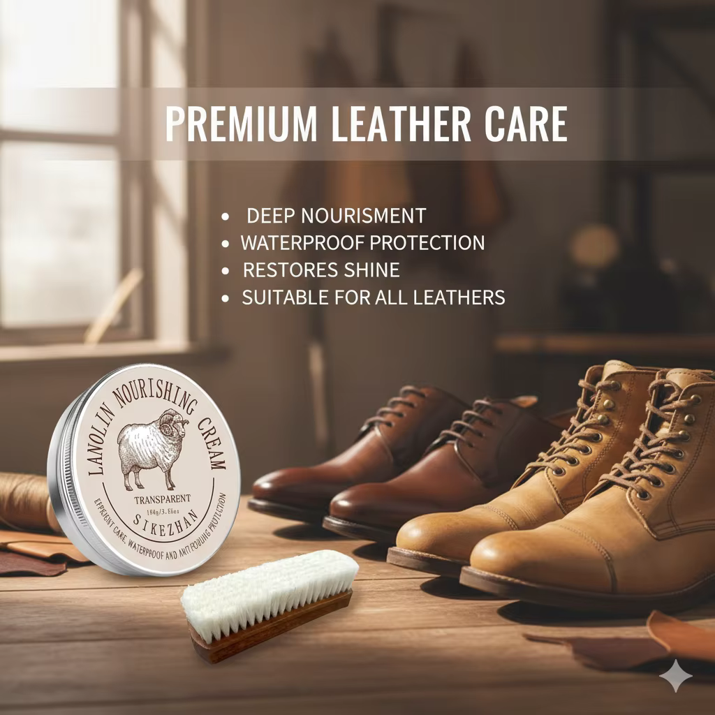 Kit de conditionneur et de cire pour cuir d'huile de mouton, avec brosse en laine douce, crème d'entretien du lanoline pour chaussures, bottes, meubles, sacs et canapé
