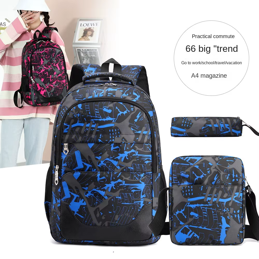 Sac à dos pour étudiant, Double sac à bandoulière, Style collégial, unisexe, collège, lycée, ensemble trois pièces, grand