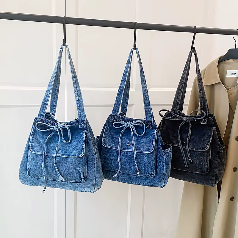 Denim couleur unie fermeture éclair nœud fourre-tout décontracté 2025 haute qualité nouveaux sacs simples grande