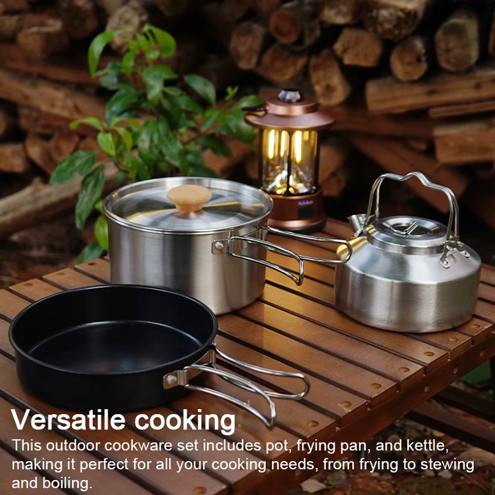 Ensemble d'ustensiles de cuisine de camping, kit de batterie de cuisine de pique-nique en plein air, marmite en acier inoxydable, poêle à frire, ensemble de bouilloire, accessoire de cuisine de voyage